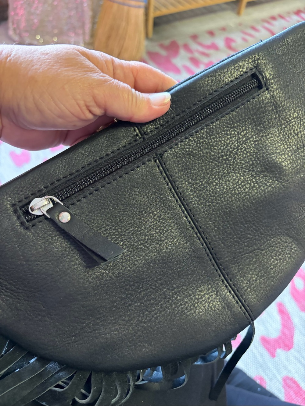 Black Leather Fringe Waist Bag with Tooled Leather and cowhide Accent - Picture 4 of 4